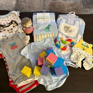 Baby boy Lot 3-9 months new, toys + hart blocks for decoration or babyshower